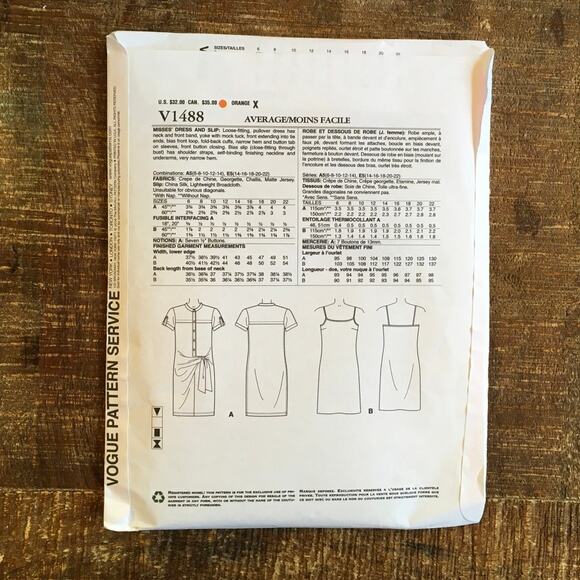 Vogue Sewing Pattern V1488 DKNY Womens Waist Tie Dress and Slip 6-14 UNCUT - Picture 2 of 3